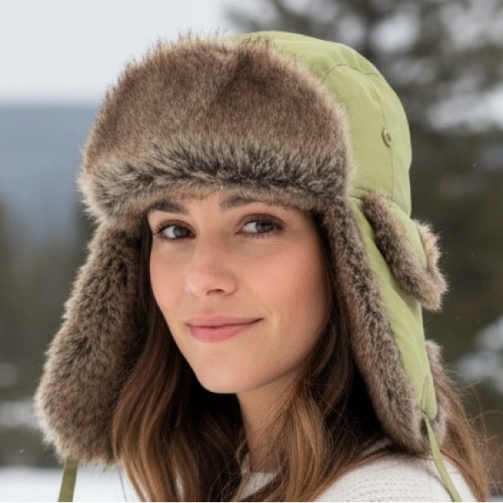 Crown Cap Green and Brown Winter Aviater Style Rabbit Fur Hat